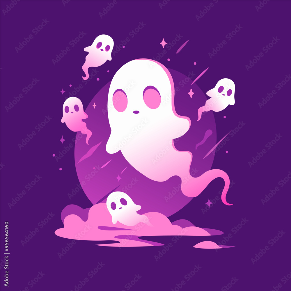 Cute Ghosts Halloween cartoon illustration. Vector art of funny ghosts in the night fog Cute Ghosts Halloween cartoon illustration. Vector art of funny ghosts in the night fog