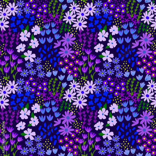 Seamless pattern with little wild meadow flowers and leaves. Colorful cute floral summer background. Can be used for wrapping, textile, print, banner, brochure, label, greeting card	

