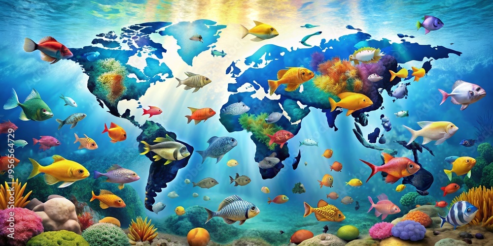 Fototapeta premium Underwater world map with colorful fishes, perfect for congratulatory messages or educational materials