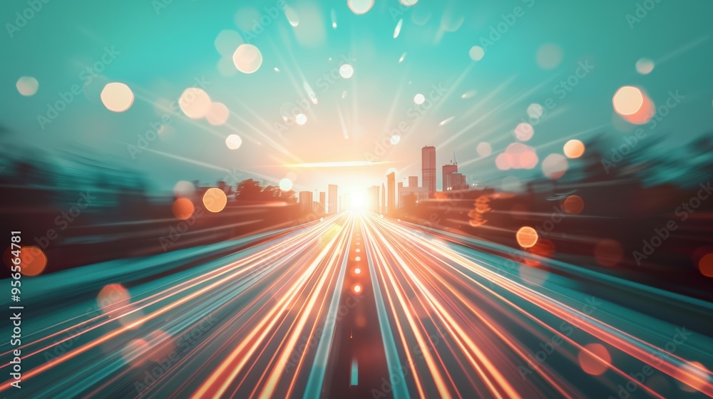 A breathtaking view of a cityscape with an airplane leaving a long, bright trail of light overhead. A breathtaking view of a cityscape with an airplane leaving a long, bright trail of light overhead.