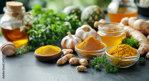 A selection of immune-boosting foods like garlic, turmeric, and honey on a kitchen counter.