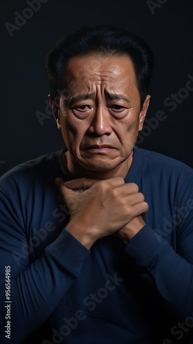 Indigo background sad Asian man. Portrait of older mid-aged person beautiful bad mood expression boy Isolated on Background depression anxiety fear 