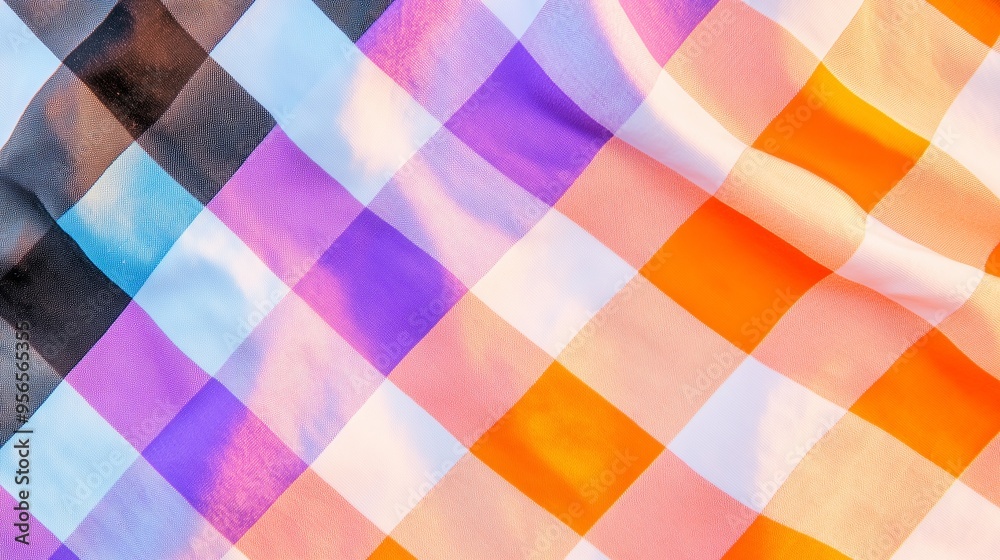 gingham pattern in vivid orange black and purple gradient, top view gingham pattern in vivid orange black and purple gradient, top view