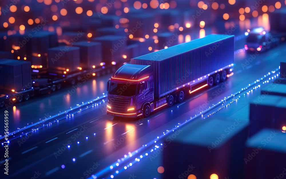 A vibrant night scene featuring a truck navigating a glowing road amidst illuminated cargo containers, showcasing modern transport. A vibrant night scene featuring a truck navigating a glowing road amidst illuminated cargo containers, showcasing modern transport.