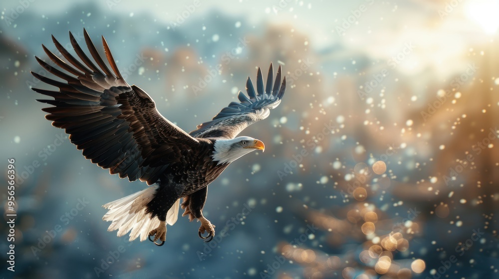 Fototapeta premium A majestic bald eagle soaring high above a mountain range, with snow capped peaks in the background.
