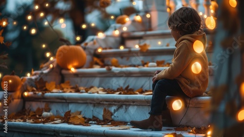 sad child sitting on steps with pumpkins, autumn leaves. Halloween decorations. festive celebration, autumn atmosphere photo