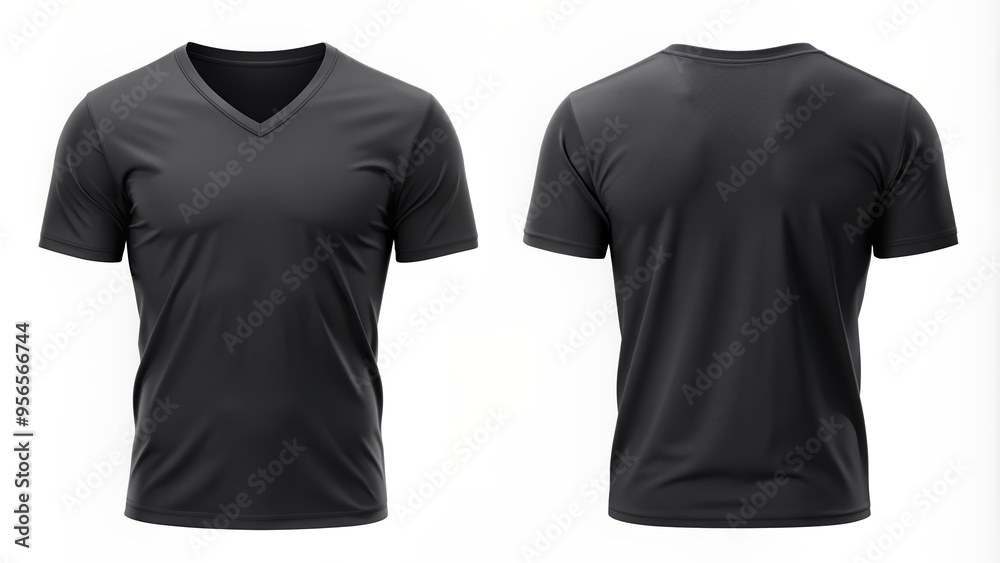 Black rendering t-shirt with V neck, short sleeves, front and back view, black, rendering, t-shirt, V neck, short sleeve Black rendering t-shirt with V neck, short sleeves, front and back view, black, rendering, t-shirt, V neck, short sleeve