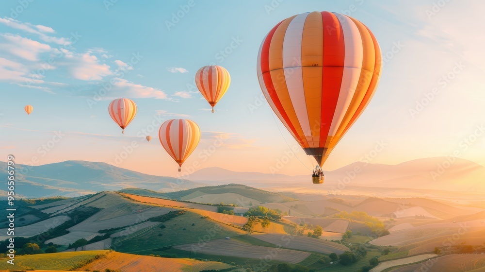 Fototapeta premium A group of hot air balloons taking off at sunrise, casting long shadows on the landscape.