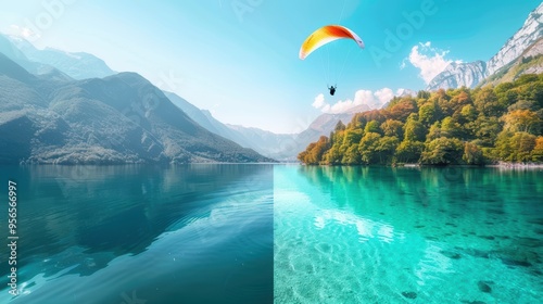 A paraglider flying over a crystal clear lake, with the reflection of the sky in the water.