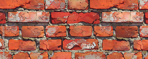 a brick wall with patches of peeling paint, giving it a weathered and aged appearance.