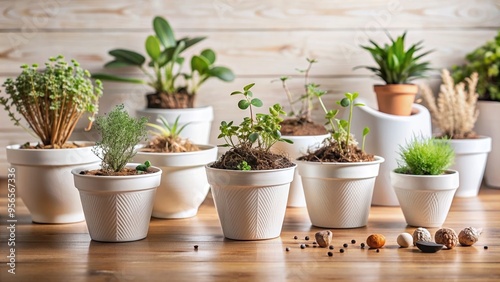 Cozy indoor arrangement of small white pots with sprouting plants and dried plant material