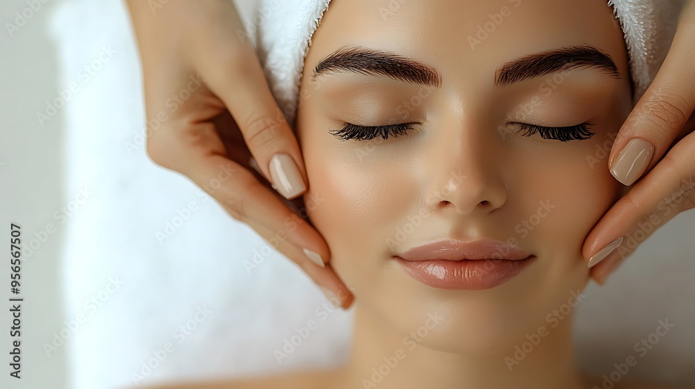 A serene spa moment as a woman receives a relaxing face massage with eyes closed. A serene spa moment as a woman receives a relaxing face massage with eyes closed.