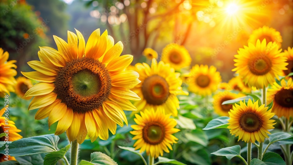 Obraz premium Vibrant sunflowers blooming in a lush garden setting, sunflowers, garden, nature, bloom, vibrant, yellow, beauty, outdoor, flora