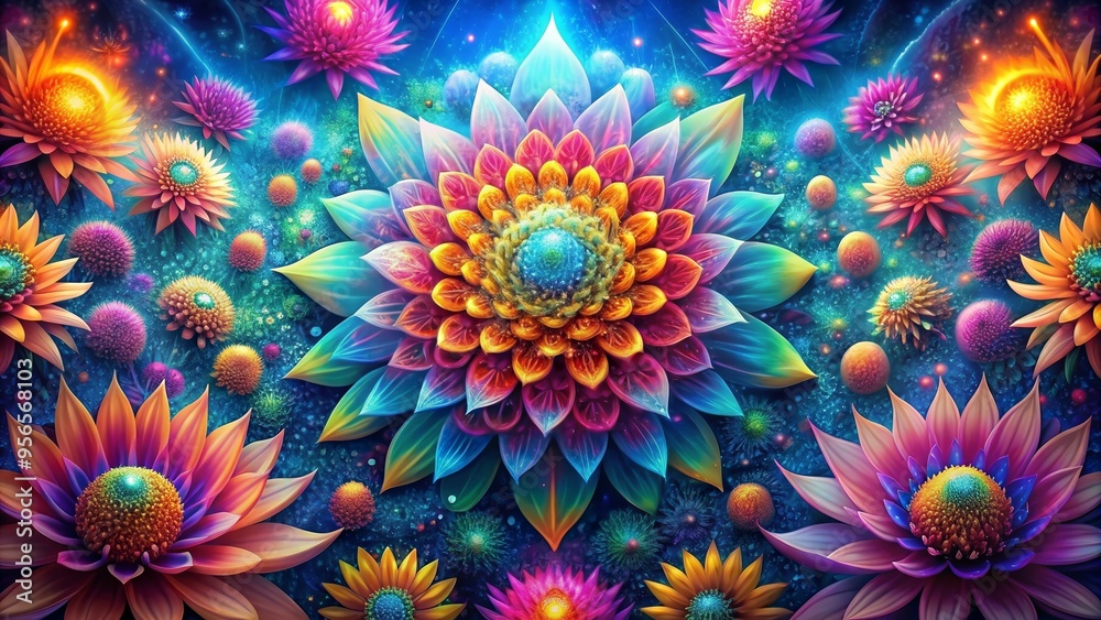 Incredible and surreal fantasy psychedelic flowers influenced by Buddhism Incredible and surreal fantasy psychedelic flowers influenced by Buddhism