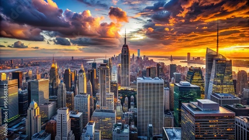 Vibrant cityscape of iconic Manhattan skyscrapers, bright lights, and bustling streets, set against a dramatic sunset sky with towering clouds and a hint of mist. photo