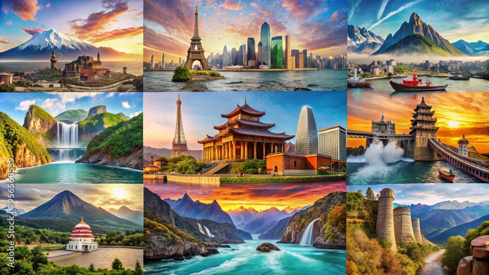 Vibrant collage of iconic landmarks set against breathtaking landscapes, showcasing majestic mountains, serene oceans, and bustling cityscapes from around the world in stunning harmony. Vibrant collage of iconic landmarks set against breathtaking landscapes, showcasing majestic mountains, serene oceans, and bustling cityscapes from around the world in stunning harmony.