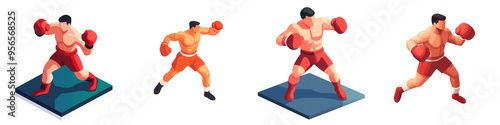 Dynamic boxers in different poses showcasing athleticism and fighting spirit in a colorful and modern style. isolated on a transparent background photo