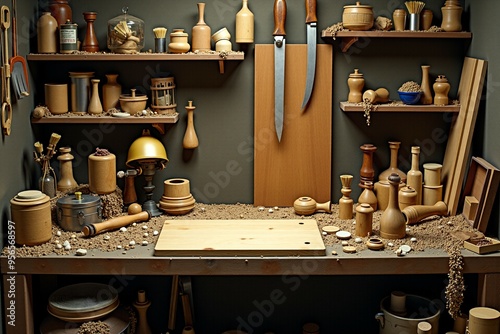 A workbench filled with various wooden objects and tools, ideal for crafting or DIY projects