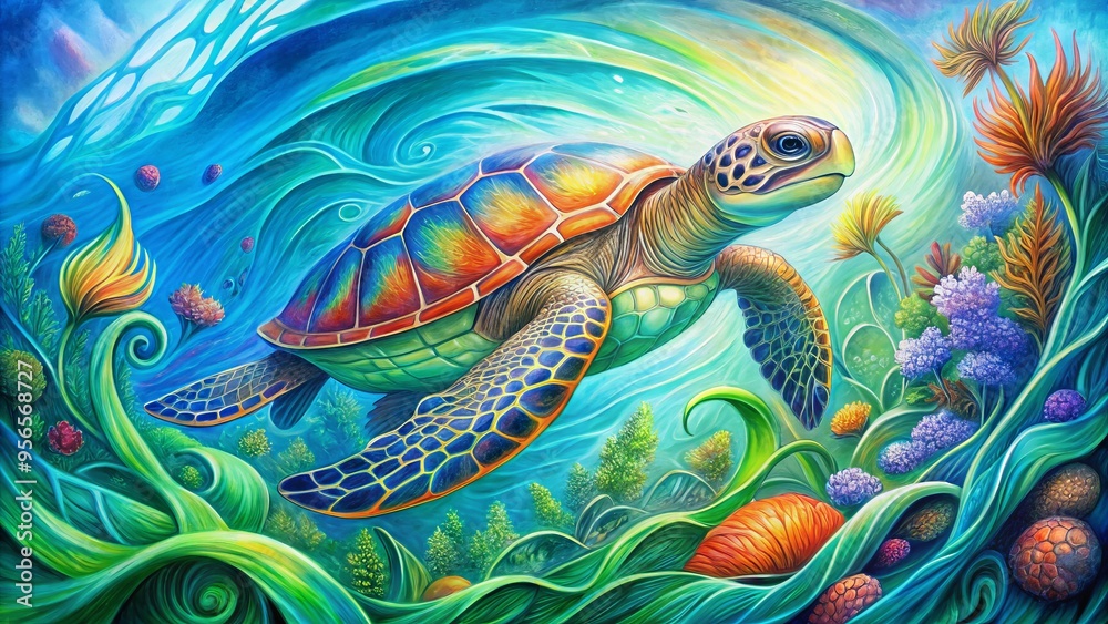 Vibrant colored pencil illustration of a serene turtle surrounded by swirling ocean currents, seaweed, and abstract shapes, blending nature and art in harmony. Vibrant colored pencil illustration of a serene turtle surrounded by swirling ocean currents, seaweed, and abstract shapes, blending nature and art in harmony.
