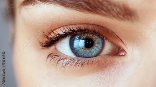 Women's eyes with a lens on the eyeball. Photo eyes macro 