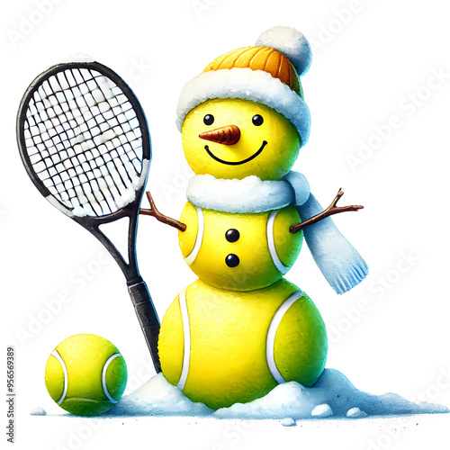 Tennis ball snowman holding a tennis racket