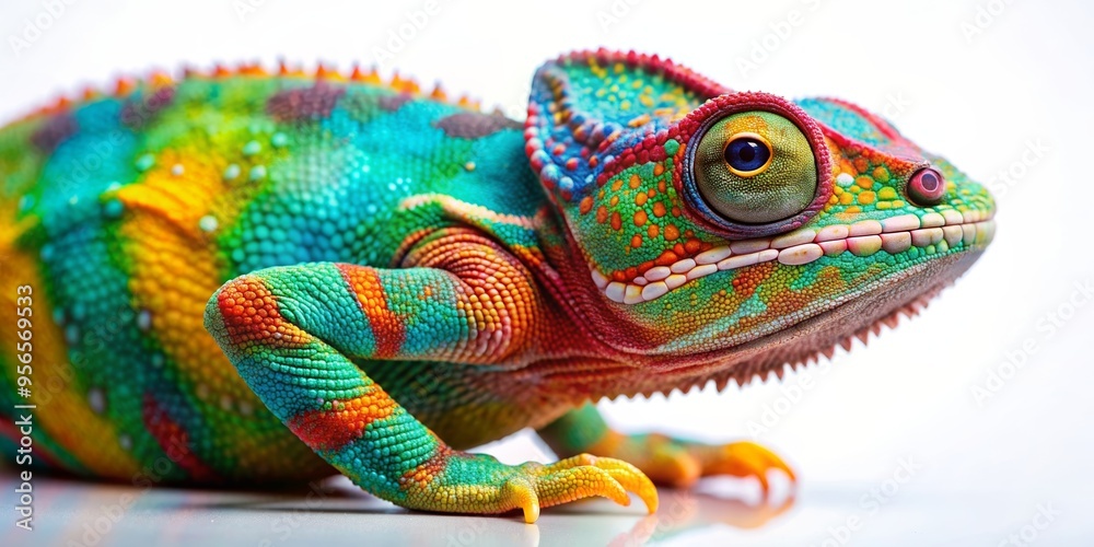 Chameleon displaying color-changing abilities on a plain white background , reptile, camouflage, adaptation, nature, wildlife Chameleon displaying color-changing abilities on a plain white background , reptile, camouflage, adaptation, nature, wildlife