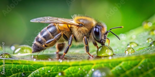 Honey bee, Apis mellifera delicately sipping water from a dewy leaf , bee, honey, insect, nature, wildlife, pollination, macro