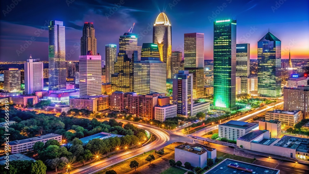 Naklejka premium Vibrant colors illuminate the Dallas night skyline, featuring iconic skyscrapers, neon lights, and bustling streets surrounded by tranquil darkness, showcasing Texas' urban charm.