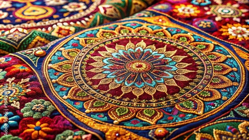 Vibrant colors of Indian culture on display with intricate Moghul-inspired patterns and ornate designs swirling together on a beautiful textured fabric cover.