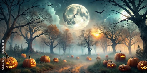 Spooky Halloween landscape with misty forest, pumpkin patch, and full moon , Halloween, holiday, mystery, landscape, spooky