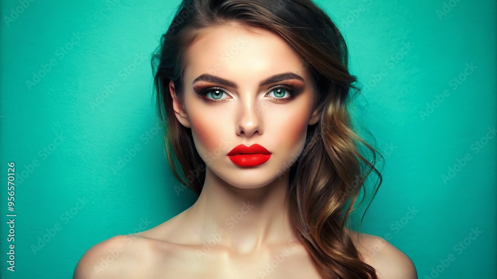 Fototapeta premium Vibrant coral lips, sun-kissed skin, and bold eyeliner shine against a bright turquoise background, capturing the essence of a fun and carefree summer afternoon.