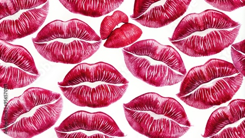 Vibrant crimson lipstick kiss pattern on a white background, delicate lip shape and smudge details, creating a bold, romantic, and playful visual statement. photo