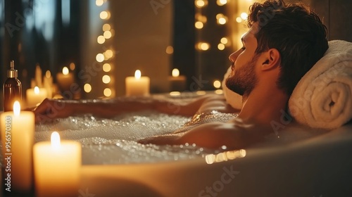 Relaxing evening bath in a dimly lit room with candles and soft lights, creating a calm atmosphere for unwinding photo