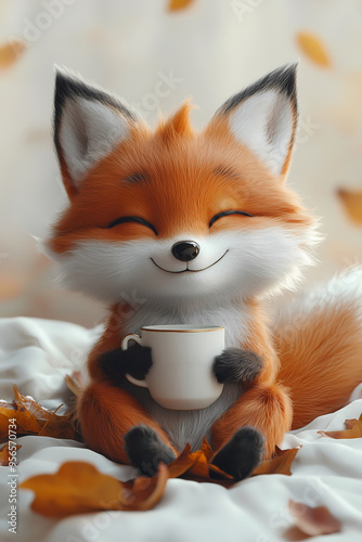 Cozy Autumn Fox with Coffee: 3D Cartoon Character