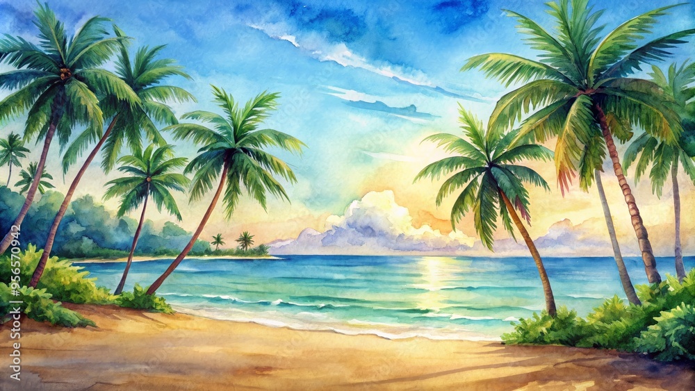 Obraz premium Summery watercolor of a tropical seaside landscape with palm trees , Watercolor, Tropical, Seaside, Landscape