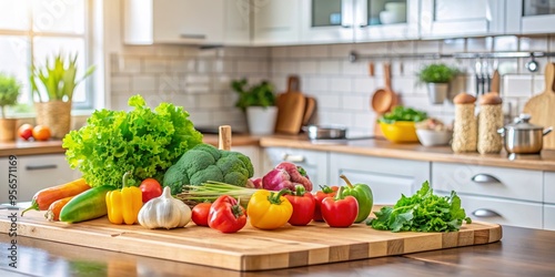 Fresh organic vegetables displayed on a wooden cutting board in a modern kitchen , food, healthy, cooking, vegetarian, nutrition