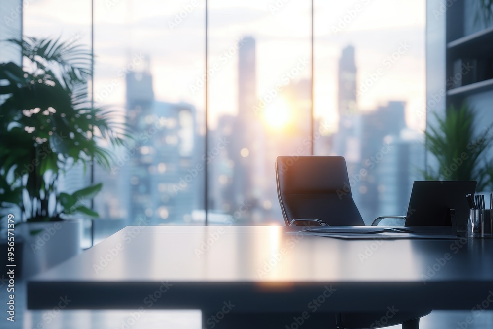 Modern office interior with a city skyline view at sunset. Modern office interior with a city skyline view at sunset.