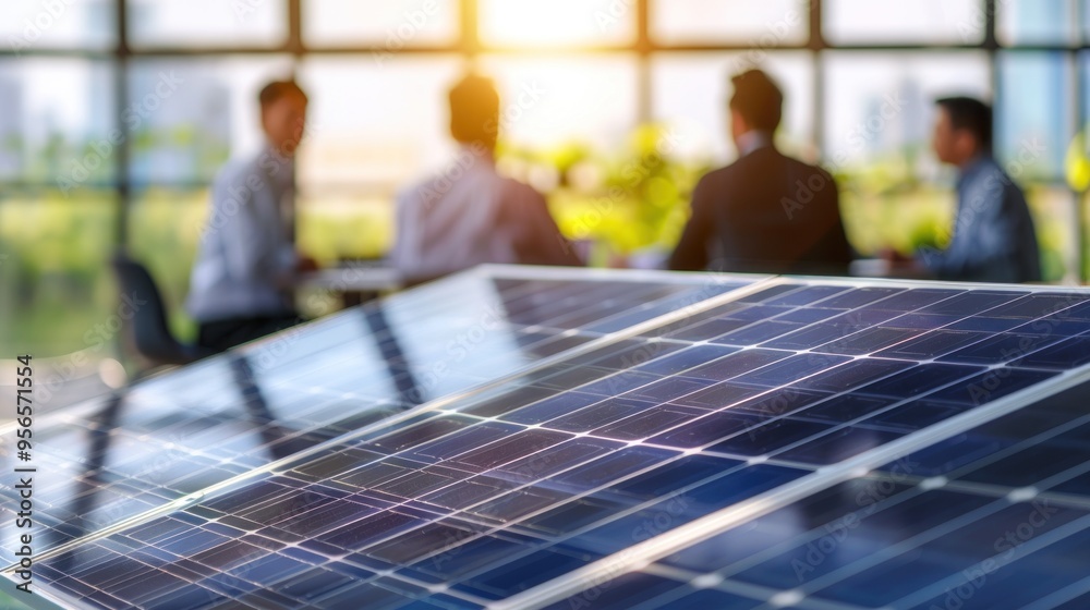 Businessman providing a consultation on solar panels for a team of coworkers or customers during a meeting in the office.