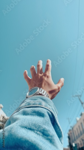 Hand reaching towards the blue sky on a sunny day photo