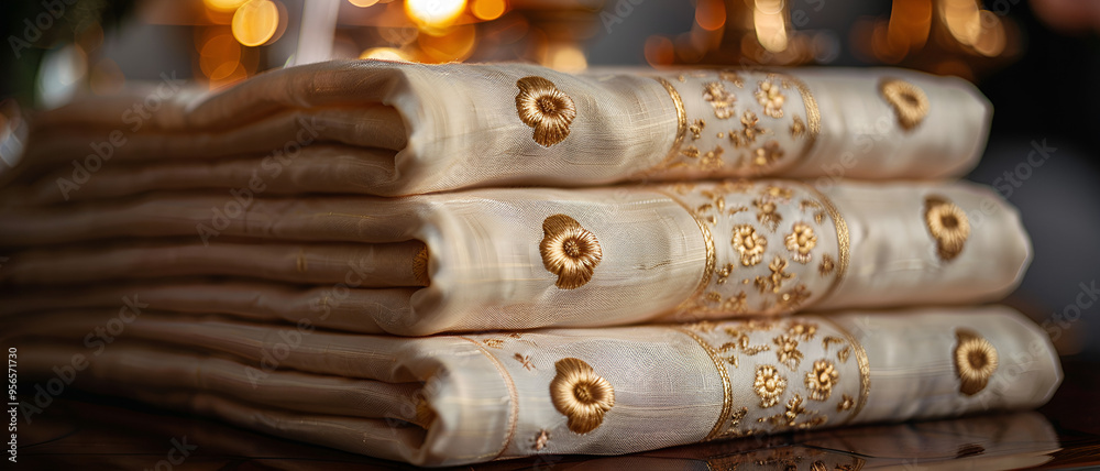 Fototapeta premium a stack of folded white fabric with gold embroidery on it. The fabric appears to be made of a soft, silky material and has a subtle texture.