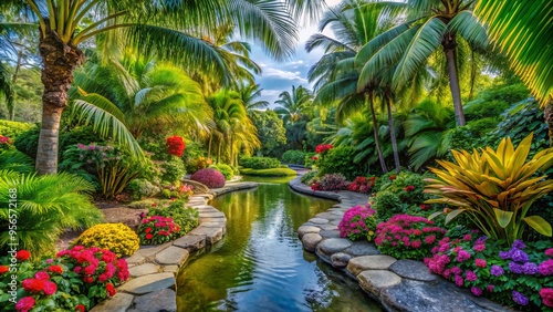 Vibrant greenery and colorful blooms thrive in a serene tropical garden landscape, complete with meandering stone pathways, tranquil water features, and lush palm fronds.