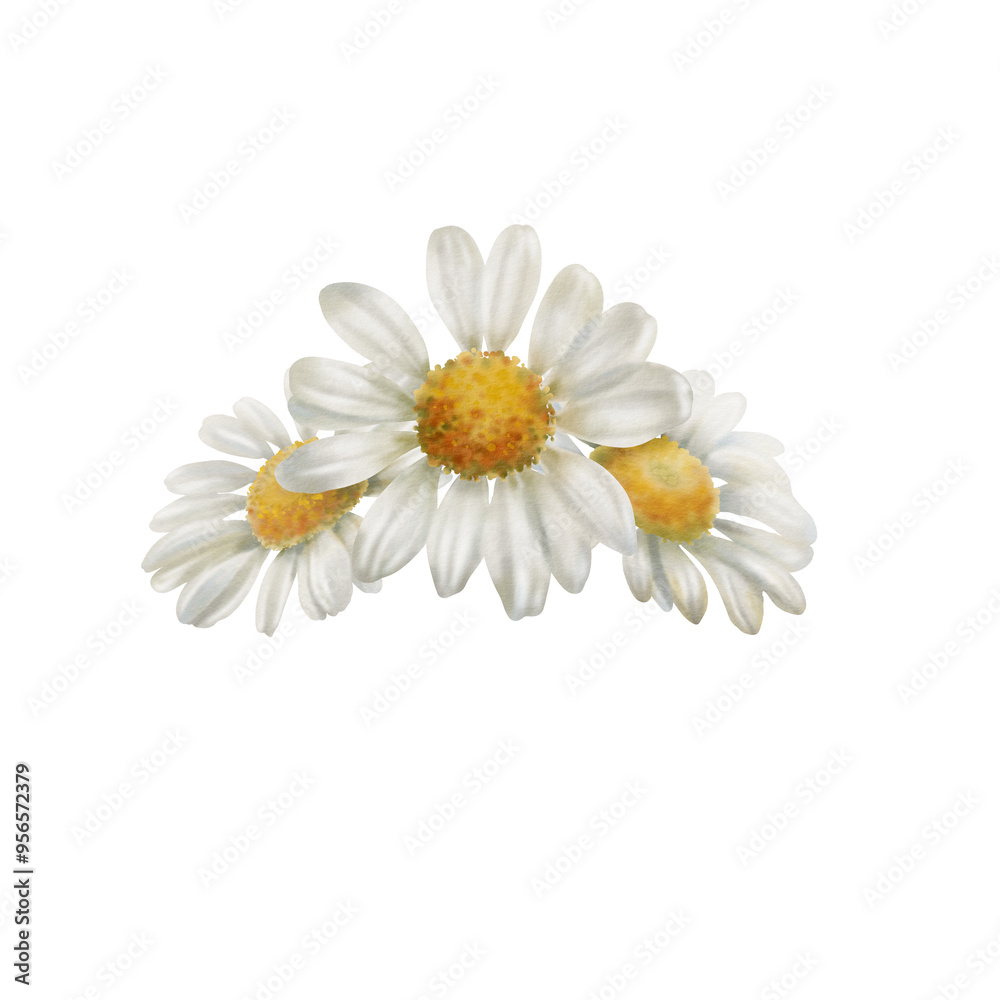 Daisies in the composition as a blank for the design of cards, patterns, websites, banners. Executed in light tones watercolor technique Daisies in the composition as a blank for the design of cards, patterns, websites, banners. Executed in light tones watercolor technique
