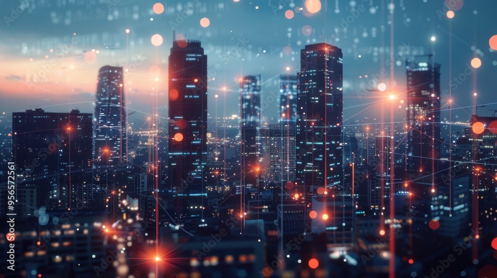 Futuristic cityscape at dusk with glowing network connections represented by light trails and points of light connecting various buildings. Futuristic cityscape at dusk with glowing network connections represented by light trails and points of light connecting various buildings.