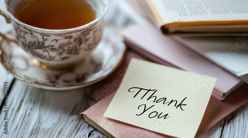 "Thank You" note beside a cup of tea on a wooden table in a serene setting