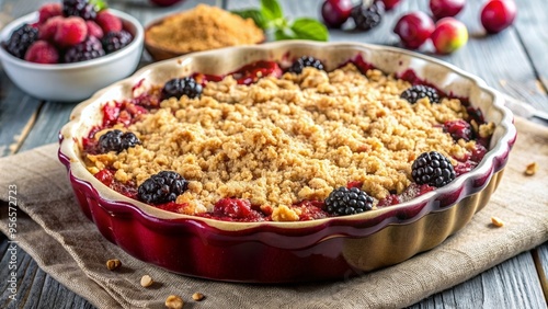 A mouthwatering apple and blackberry crumble topped with a golden oat crust , dessert, sweet, homemade, baked, fruit