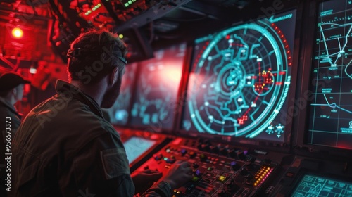 Missile Defense System - Control panel of the missile defense system with a radar display screen and digital maps.