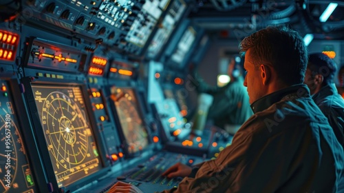 Missile Defense System - Control panel of the missile defense system with a radar display screen and digital maps.