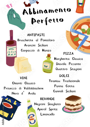 Italian food grocery illustration poster wine pizza olive oil tiramisu cheese pasta coffee handwriting 