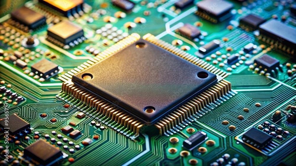 Close up shot of advanced integrated microchip and circuit board in electronics, AI, integration, microchip Close up shot of advanced integrated microchip and circuit board in electronics, AI, integration, microchip