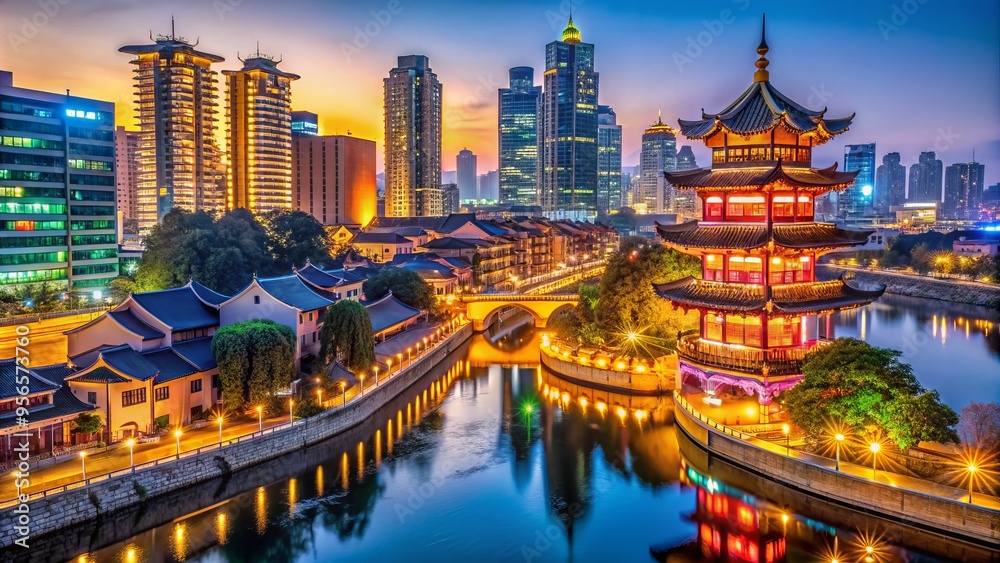 Vibrant nighttime cityscape of Fuzhou, China, featuring colorful lanterns, modern skyscrapers, and ancient architecture along the winding Min River.